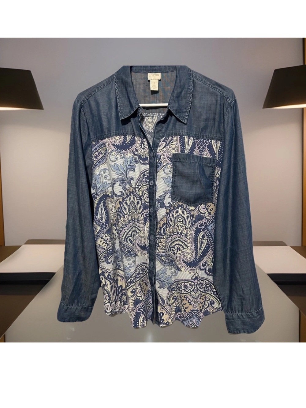 Chico's Top 3 Paisley Blue Chambray Flowy Button Down Tab Sleeve Shirt Blouse XL